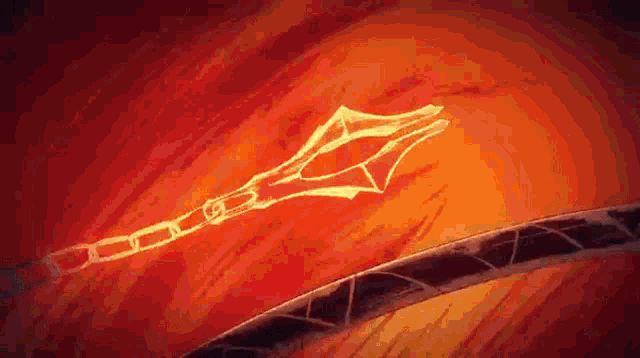 a drawing of a sword with a red background and a flame coming out of it .