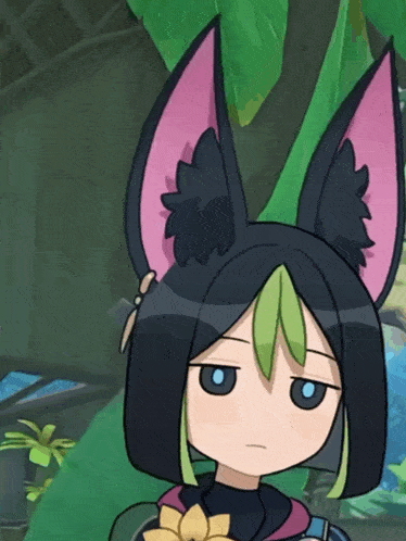 a cartoon character with black hair and pink ears looks sad