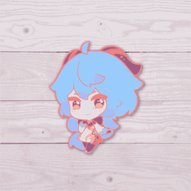 a sticker of a girl with blue hair and red eyes