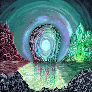 a painting of a landscape with mountains and a circle in the middle
