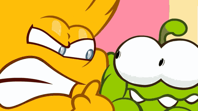 a yellow and green cartoon character with blue eyes are fighting