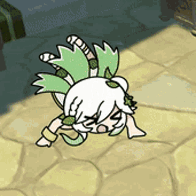 a cartoon character with white hair and green wings is laying upside down on the ground .