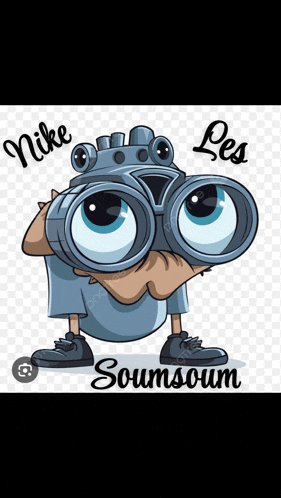 a cartoon of a man looking through binoculars with the words nike les soumsoum