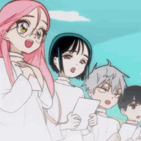 a group of anime characters are singing in a choir while holding papers .