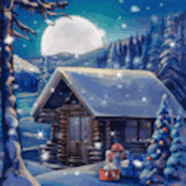 a wooden cabin covered in snow with a christmas tree in the background and a full moon in the background .
