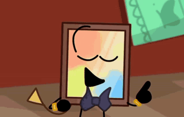 a cartoon character wearing a bow tie is holding a microphone .