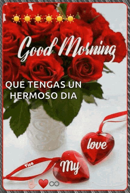 a bouquet of red roses in a white vase next to two red hearts that say " my love "