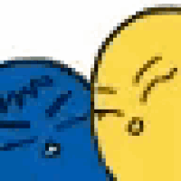 a blue and yellow smiley face are sitting next to each other on a white background .