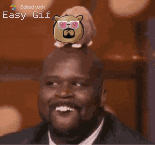 a man with a hamster on his head and the words easy gif edited with
