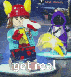 a couple of lego figures standing next to each other with the words get real on the bottom .
