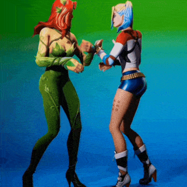 poison ivy and harley quinn are dancing together on a green screen