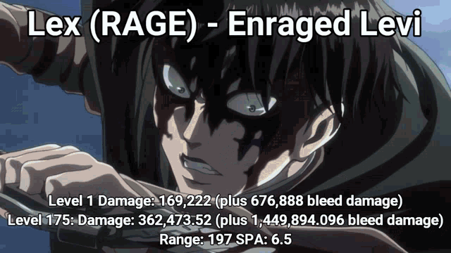 lex ( rage ) enraged levi has level 1 damage of 169,222 plus 676,888 bleed damage