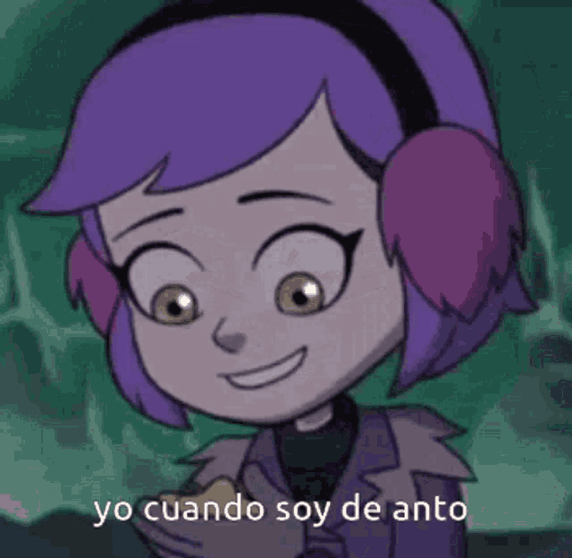 a cartoon girl with purple hair is smiling and wearing ear muffs and headphones .