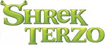 the logo for shrek terzo is green and looks like a cartoon character .
