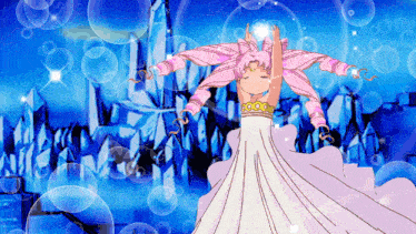 a cartoon drawing of a girl in a white dress with pink hair