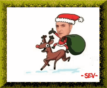 a man in a santa hat is riding a reindeer with a bag of presents