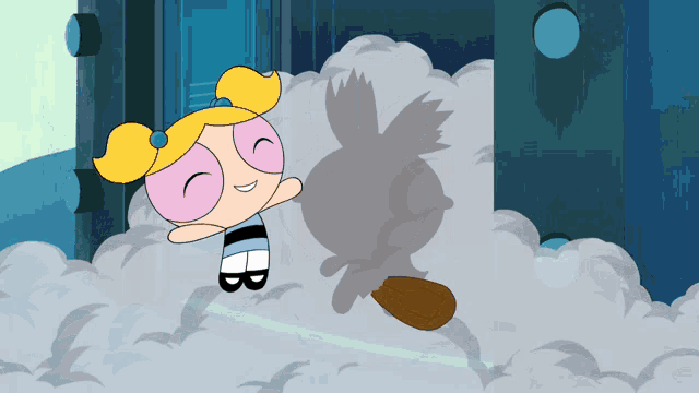 bubbles from the powerpuff girls is flying through the air with her shadow behind her