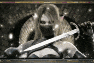 a woman in a mask holds a sword in her hand