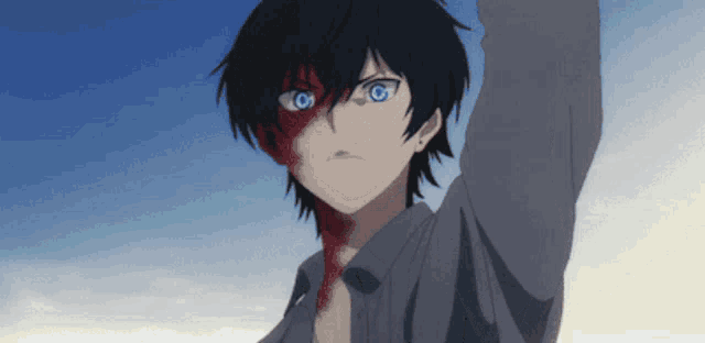 a black haired anime character with blue eyes has blood on his neck