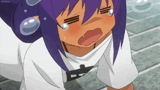 a girl with purple hair is wearing a white shirt with the letter b on the front