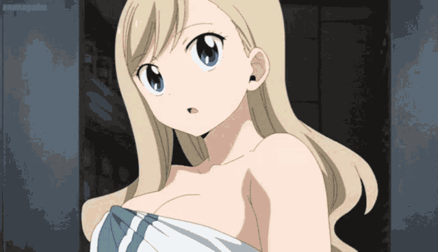 a girl with blonde hair and blue eyes is wrapped in a white towel