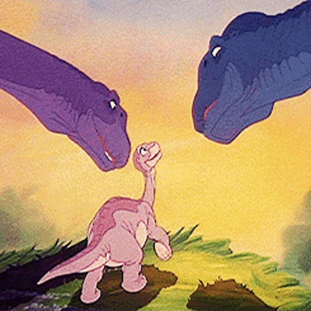 a cartoon of two dinosaurs looking at a baby dinosaur