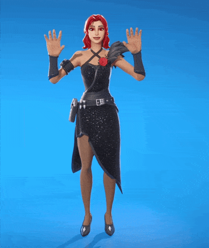 a woman with red hair is wearing a black dress and black shoes