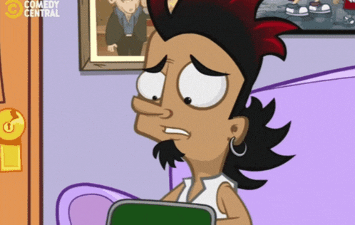 a cartoon character from comedy central sits on a purple couch