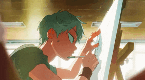 a boy with green hair is drawing on a piece of paper with a pen