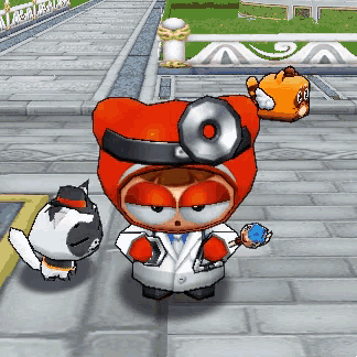 a cartoon character wearing an orange hat and a white coat is holding a blue object