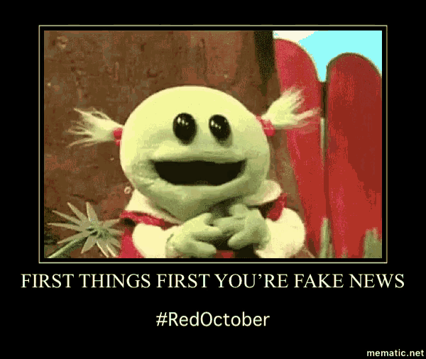 a picture of a stuffed animal with the caption first things first you 're fake news