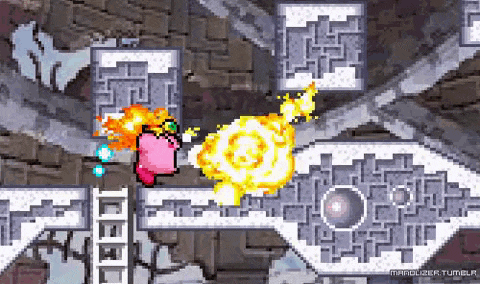 a pixel art of kirby flying through a maze with a bomb coming out of it .