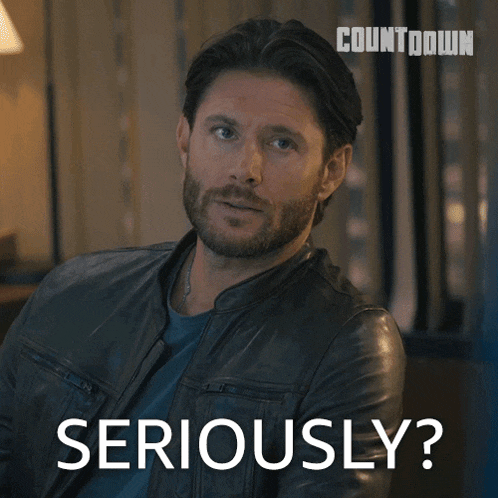 a man in a leather jacket says seriously on the screen