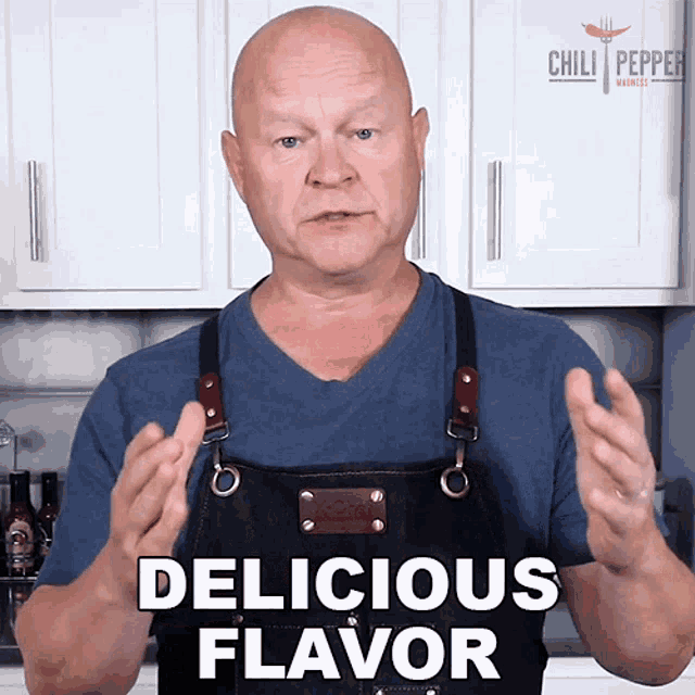 a man in an apron says " delicious flavor "
