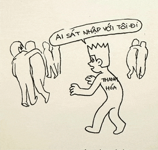 a black and white drawing of a man with a speech bubble saying ai sat nhap voi toi di