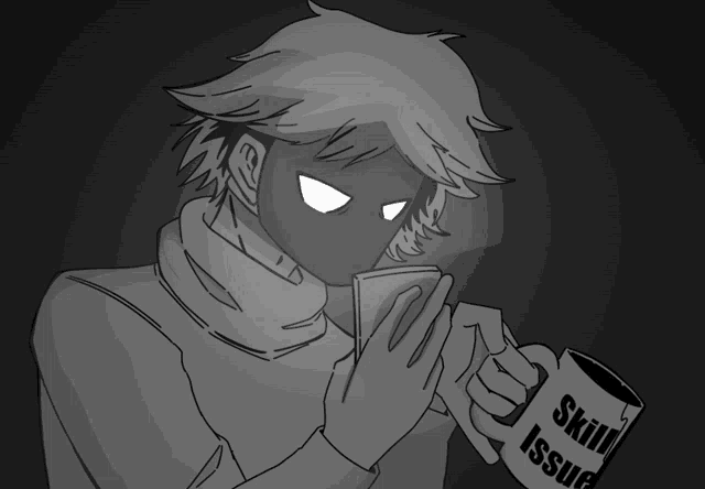 a black and white drawing of a person holding a skill issue mug