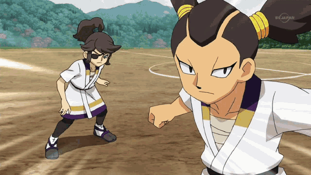 a couple of anime characters standing on a field with a bs japan logo on the bottom right