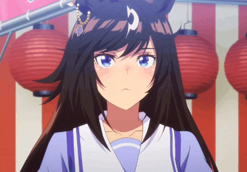 a girl with long black hair and blue eyes stands in front of red and white lanterns