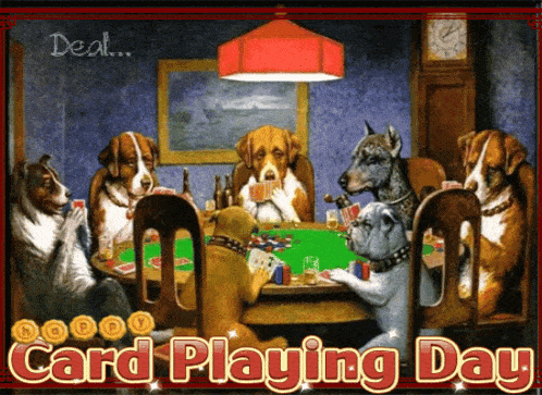 a group of dogs are playing a game of poker on card playing day