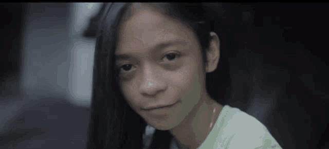 a young girl with long hair is smiling for the camera .