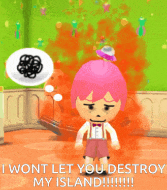 a video game character with pink hair says i won t let you destroy my island !!!