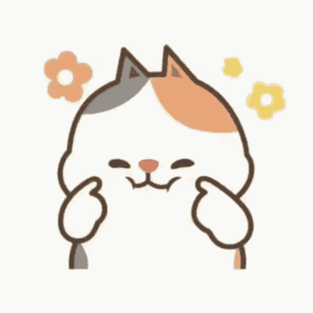 a calico cat is making a funny face with its paws and flowers .
