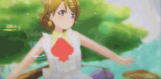 a girl in a white dress with a red bow is floating in the air