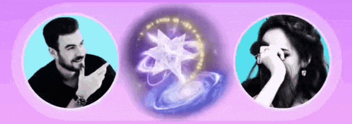 a man and a woman are standing next to each other with a purple background