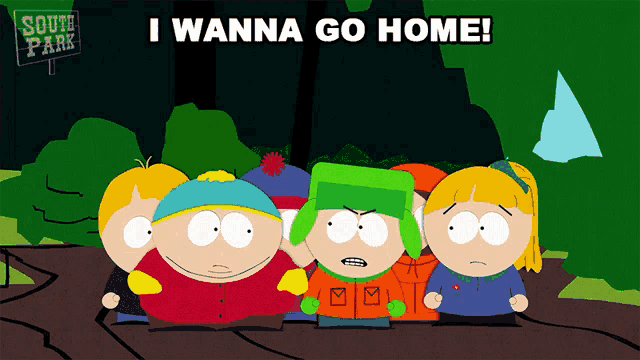 a group of south park characters standing in front of a sign that says south park