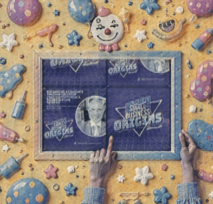 a painting of a clown and a book that says small business origins