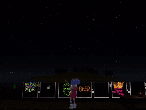 a girl stands in front of a fireworks display that reads beer