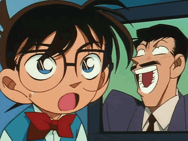 a man with a mustache is making a funny face next to a boy with glasses