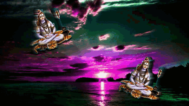 a painting of two deities sitting in front of a purple sunset