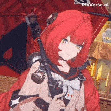 a girl with red hair is holding an umbrella with pixverse.ai written on it